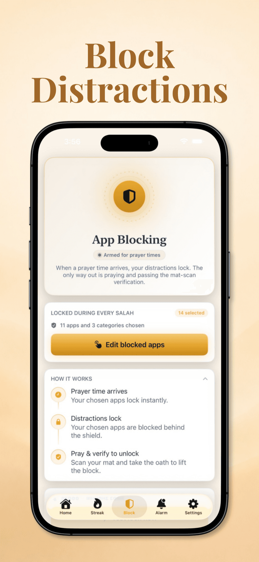 Muqeem app blocking screen — armed for prayer times with 14 apps and categories selected