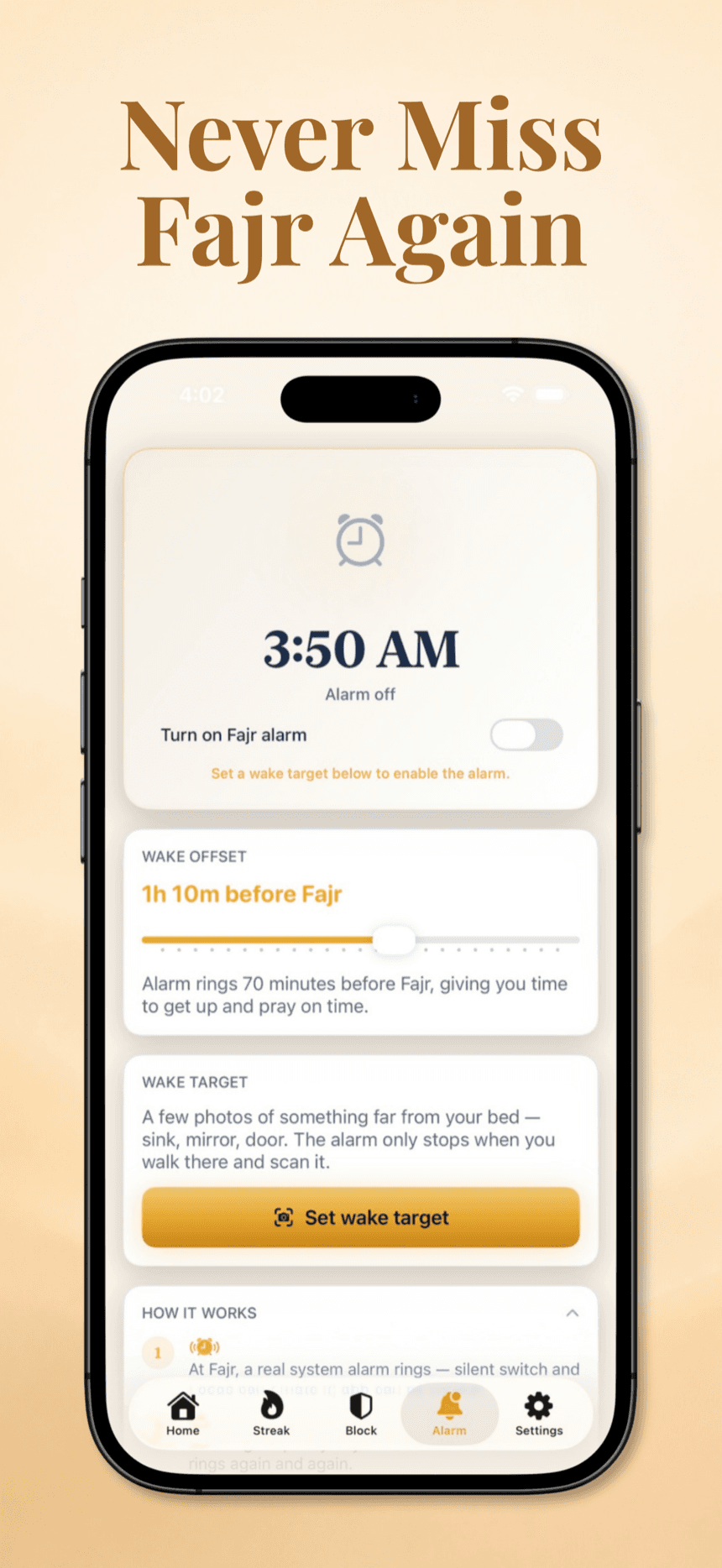 Muqeem Fajr alarm settings — wake offset slider and photo-based wake target