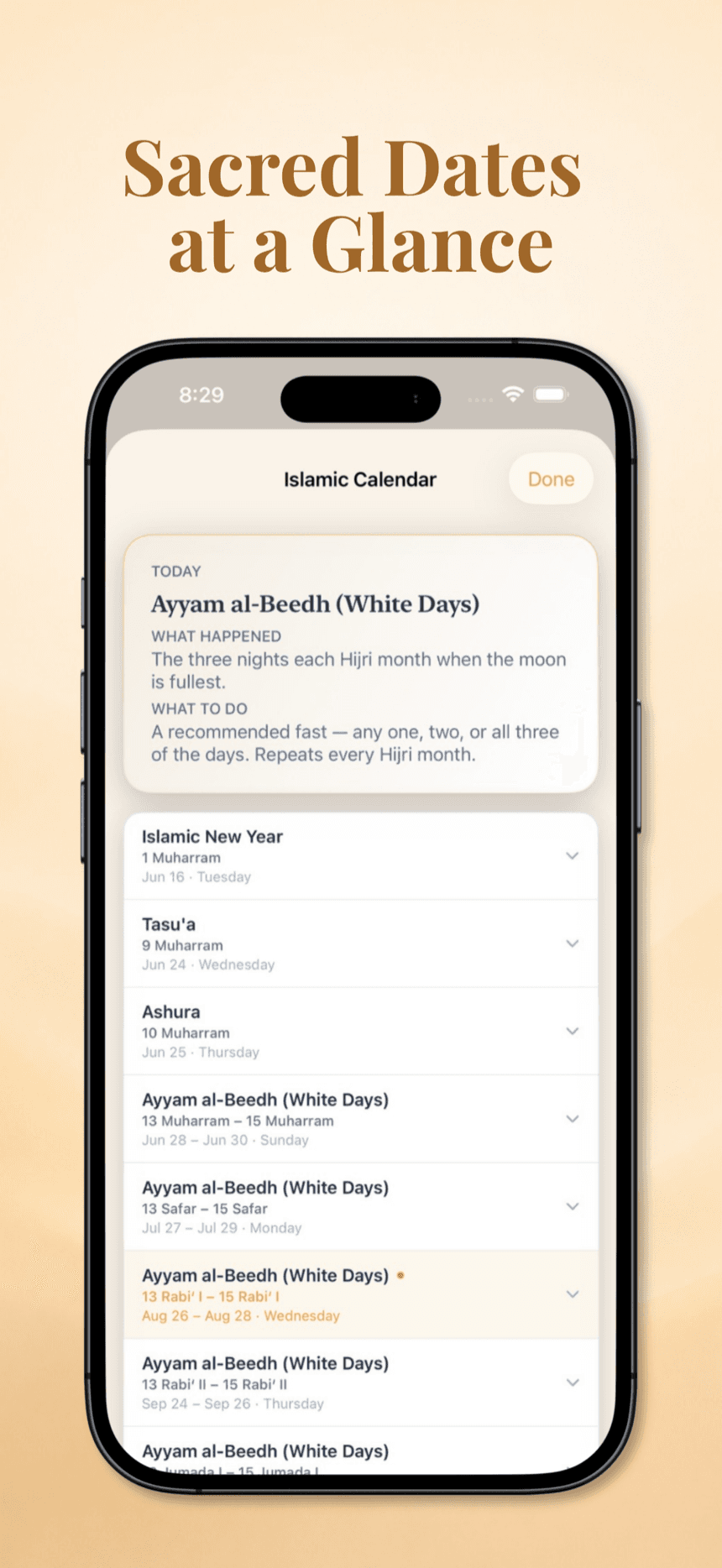 Muqeem Islamic calendar showing Ayyam al-Beedh and a list of upcoming Hijri dates