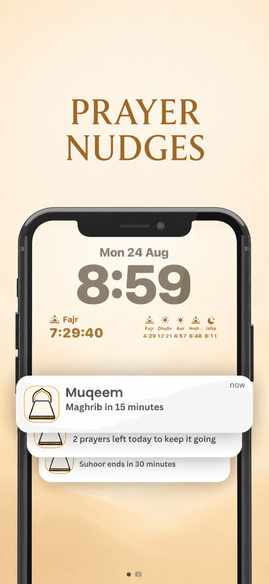 Muqeem lock screen notifications — Maghrib in 15 minutes, prayers left today, Suhoor ending soon