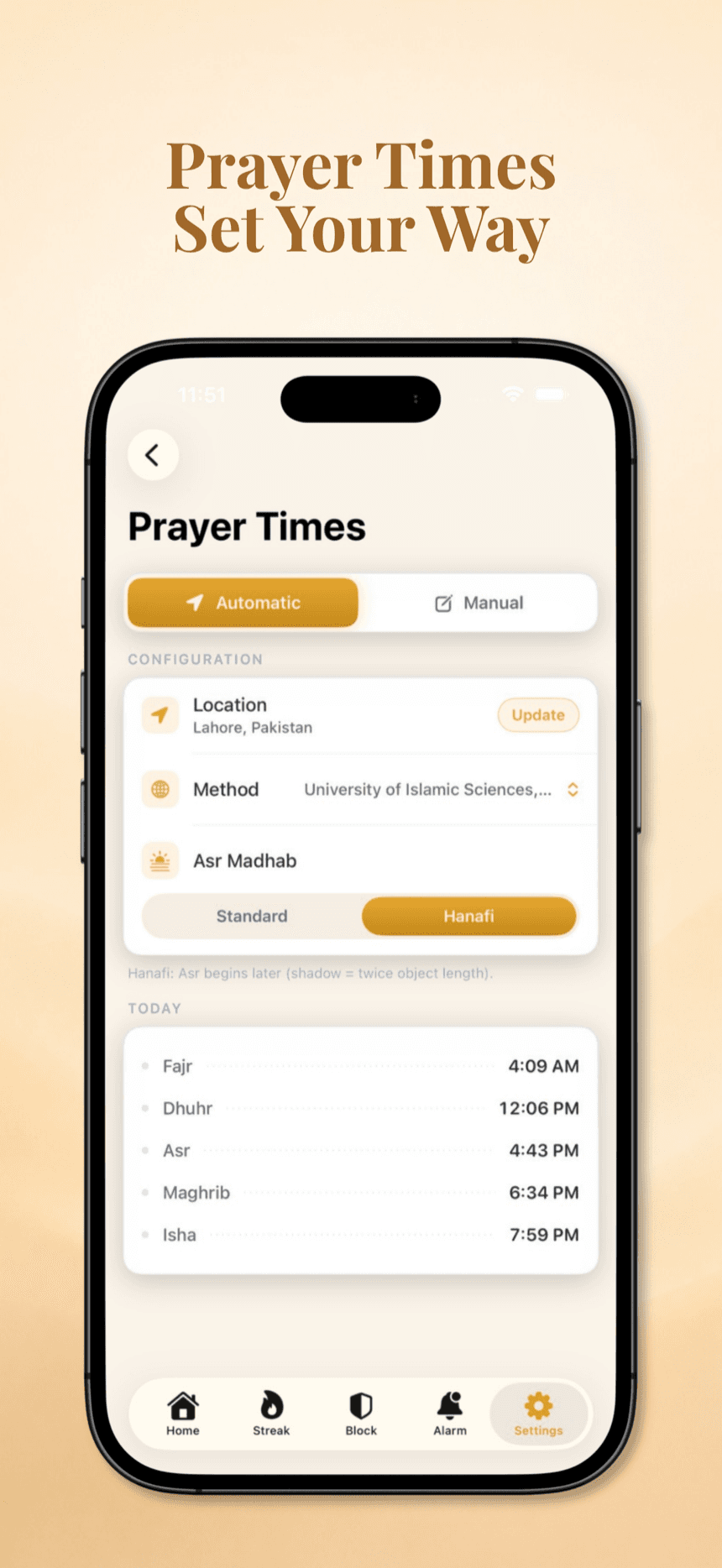 Muqeem prayer times settings with automatic location, calculation method, and Asr madhab