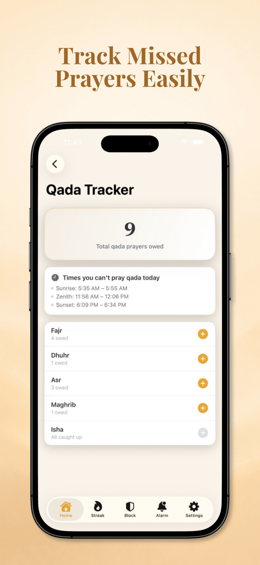 Muqeem Qada tracker showing 9 total prayers owed, broken down by prayer