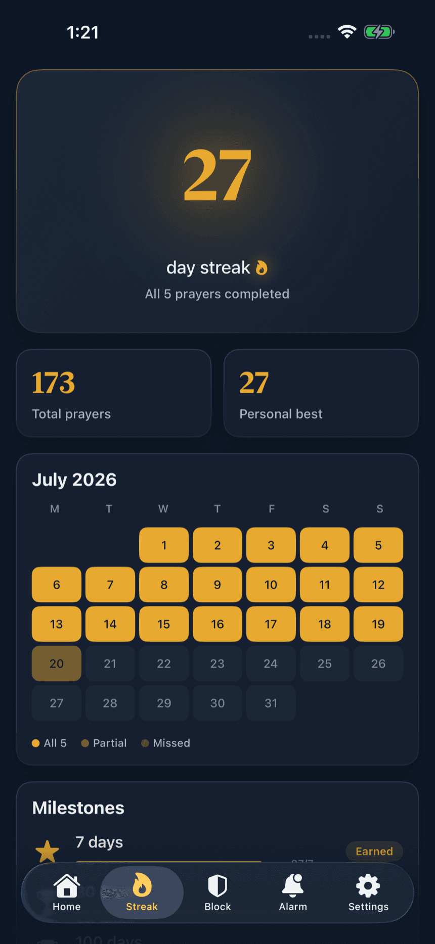 Muqeem streak screen — 27-day streak with a gold-filled monthly calendar