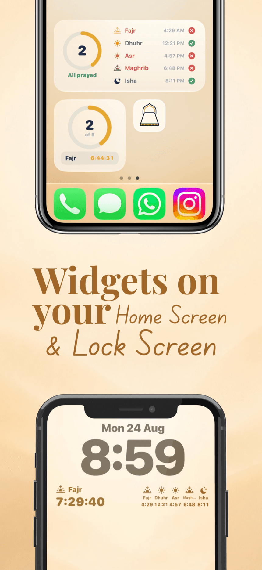 Muqeem widgets on the home screen and lock screen showing today's prayers and countdown